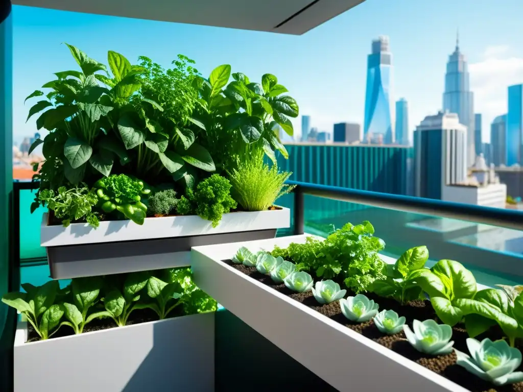 Un balcón urbano convertido en un exuberante jardín acuapónico, mostrando vegetales vibrantes y peces saludables