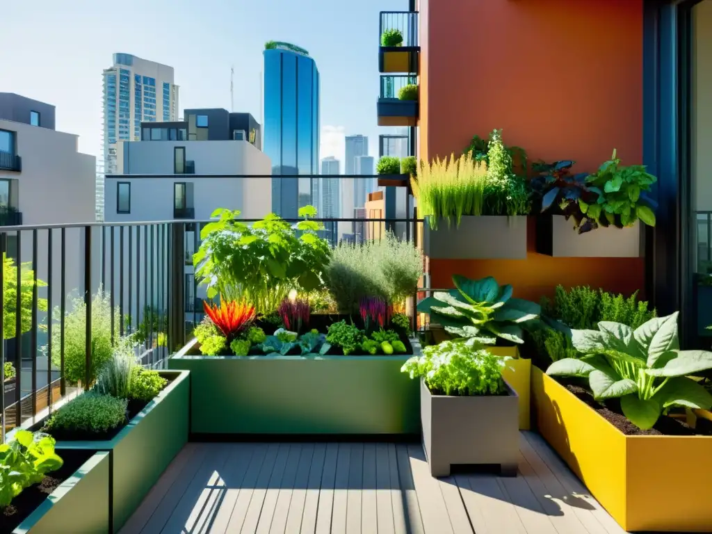 Un balcón urbano convertido en un exuberante huerto orgánico con cultivo de alimentos orgánicos en apartamentos