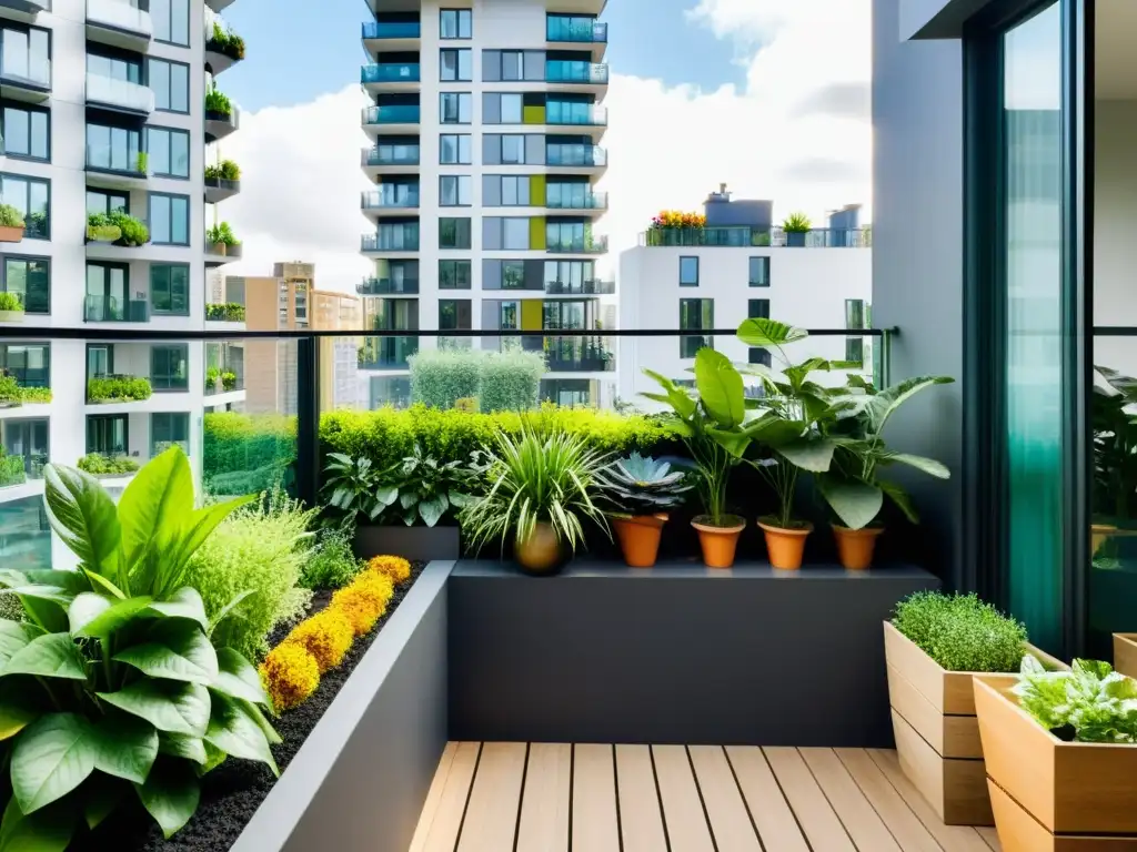 Un balcón urbano con exuberantes plantas en macetas y jardines verticales, mostrando cómo cultivar alimentos orgánicos en apartamentos