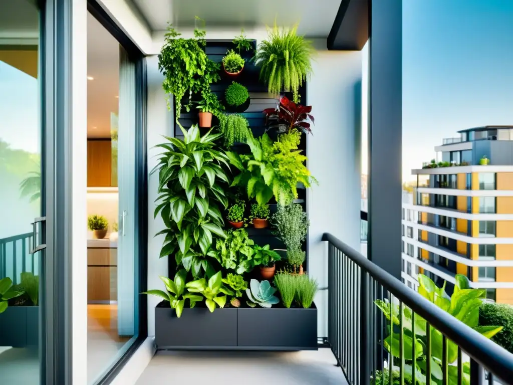 Un balcón urbano con huertos verticales para agricultura urbana, repleto de plantas exuberantes en un diseño elegante y contemporáneo