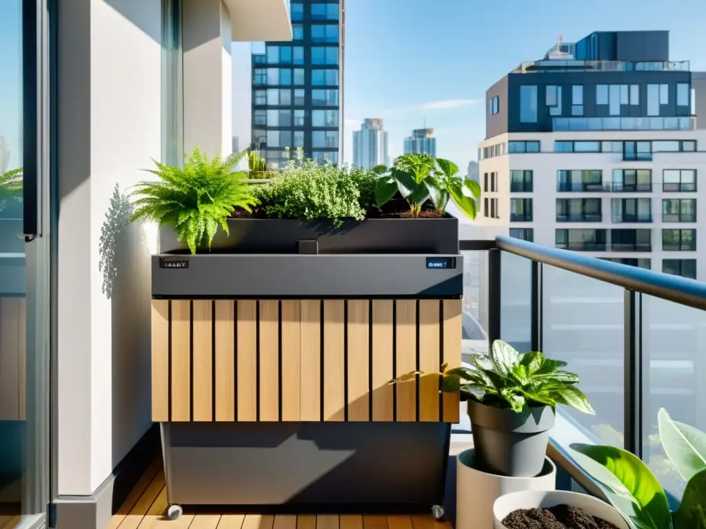 Un balcón urbano moderno con un elegante sistema de compostaje, plantas prósperas y vista a la ciudad