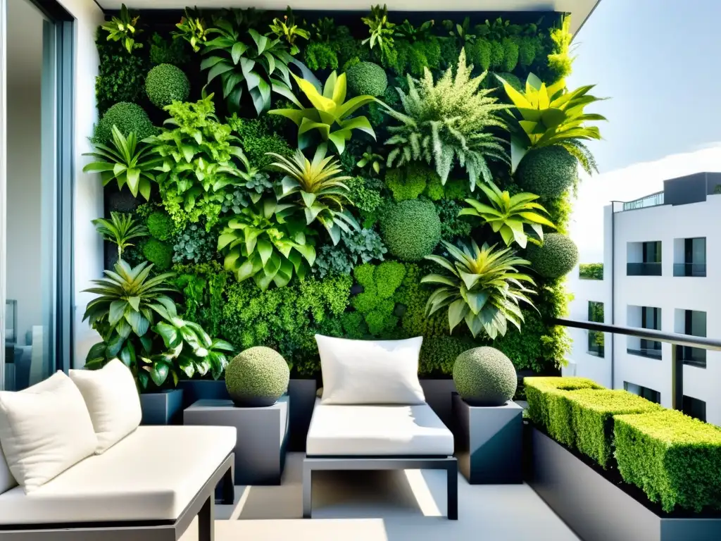 Un balcón urbano moderno con un elegante jardín vertical, plantas vibrantes y mobiliario contemporáneo