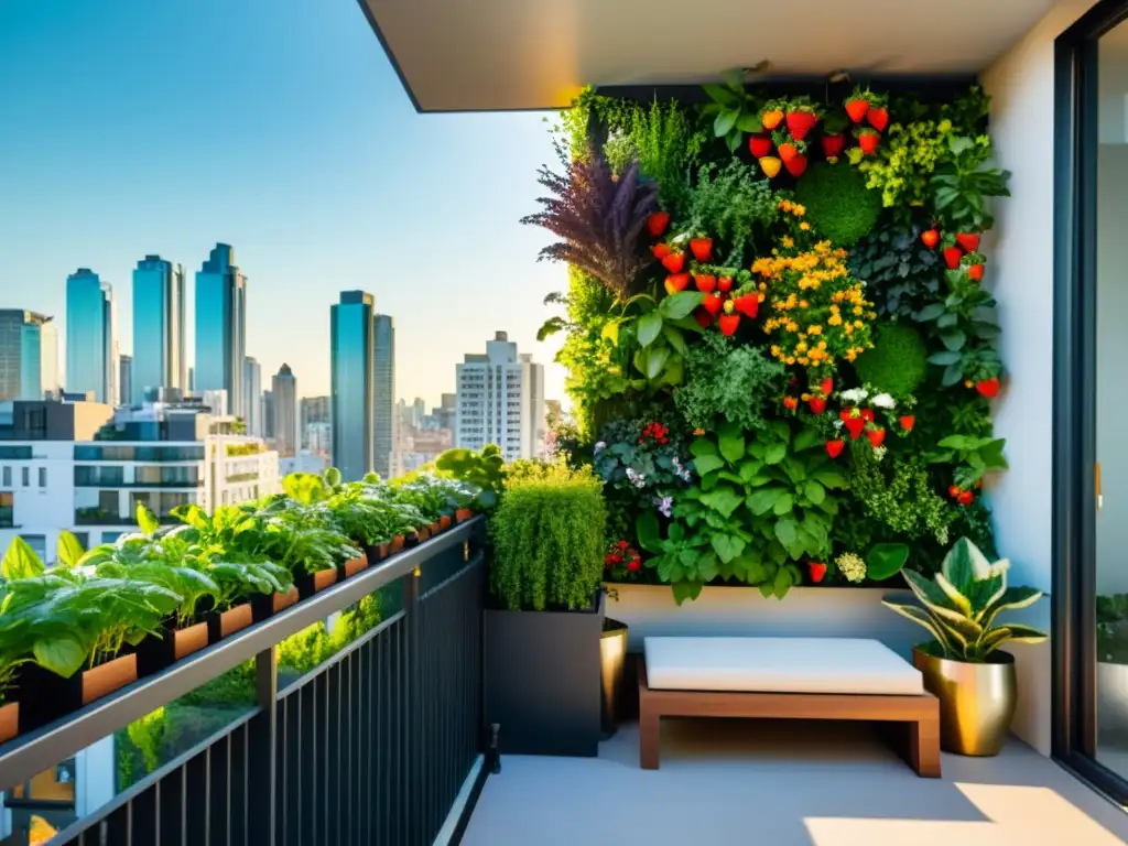 Un balcón urbano moderno con un exuberante huerto vertical, bañado por la cálida luz del sol