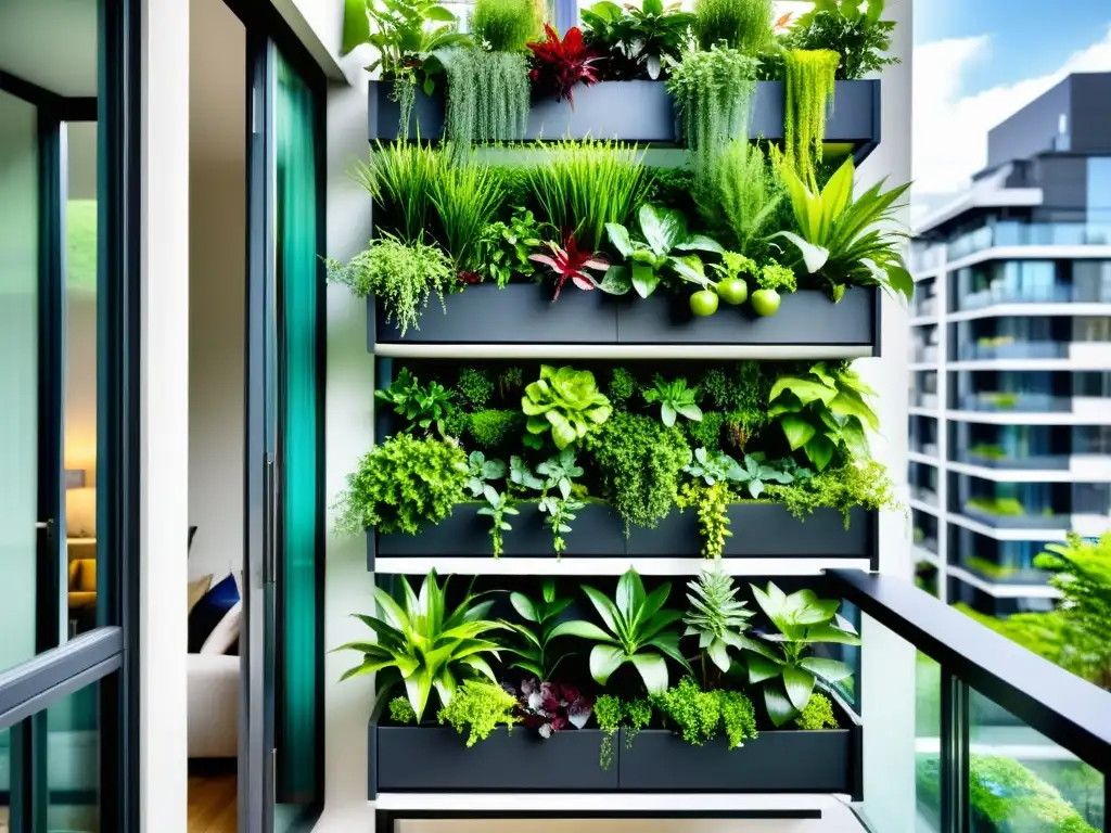 Un balcón urbano moderno con un exuberante jardín vertical, ideal para cultivos para huertos verticales urbanos