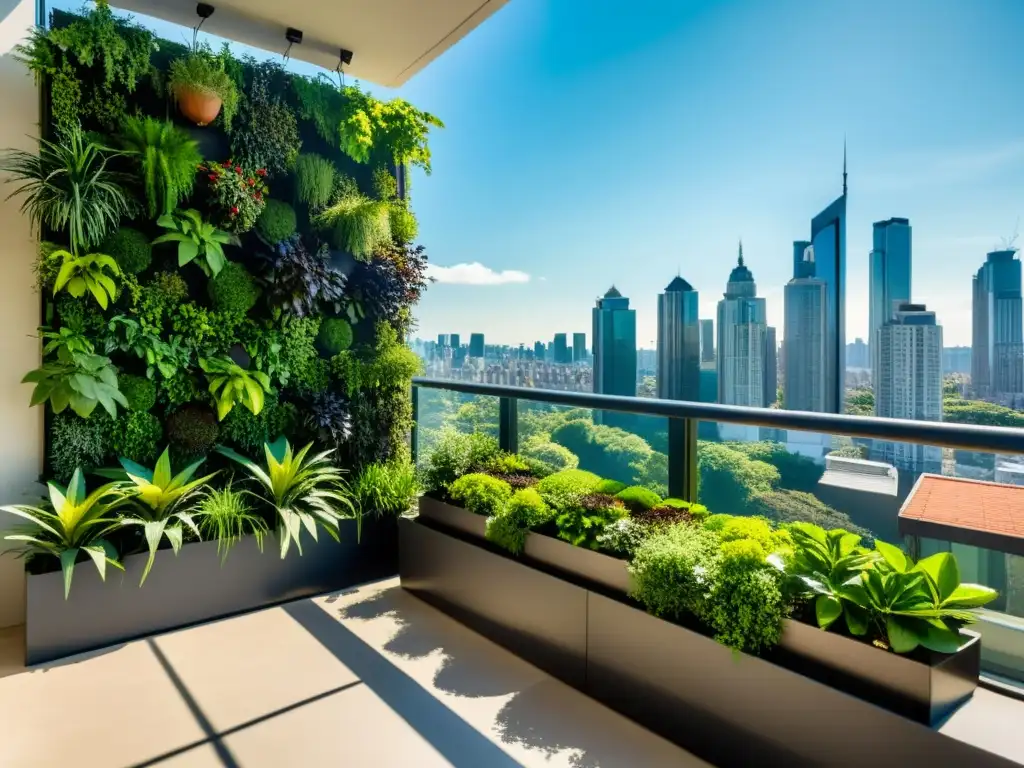 Un balcón urbano moderno con un jardín vertical rebosante de plantas verdes exuberantes