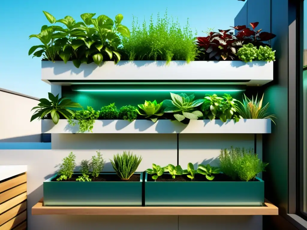Terraza urbana con acuaponía moderna y exuberante Un balcón urbano rebosante de plantas verdes y un elegante sistema de acuaponía