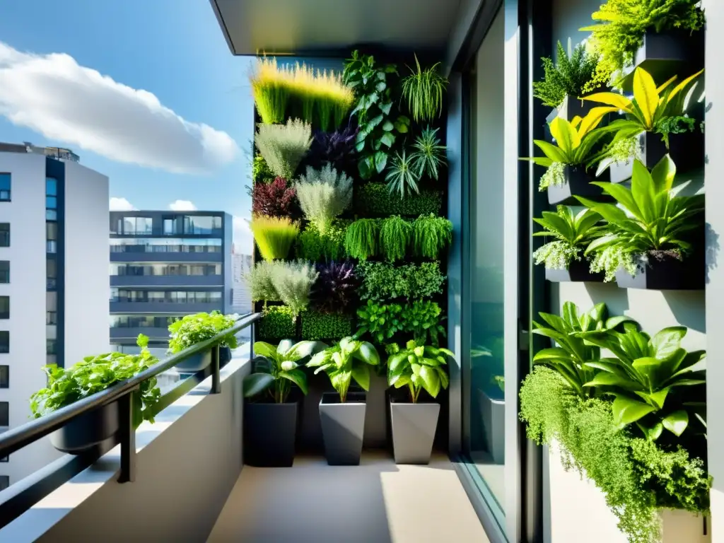 Un balcón urbano transformado en un exuberante jardín vertical con plantas vibrantes