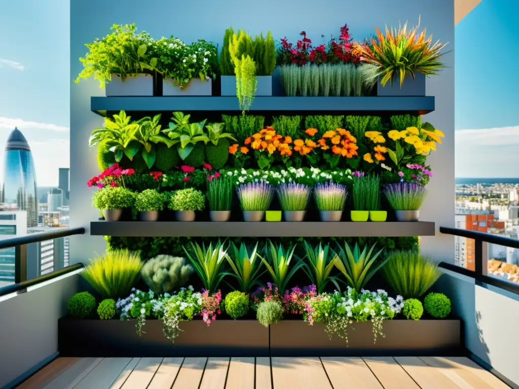 Un balcón urbano vibrante con huertos verticales modulares para balcones, lleno de vegetación exuberante y flores coloridas