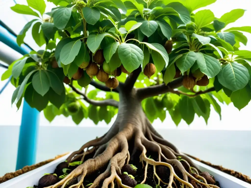 Un bello cultivo de nueces en acuaponía urbana, donde un nogal próspero se entrelaza con el agua y peces en un sistema vibrante y detallado