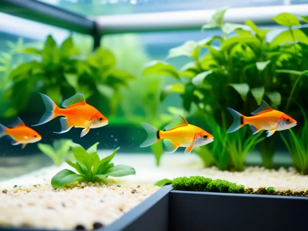 Bienestar animal en acuaponía urbana: peces vibrantes nadando entre exuberante vegetación en un sistema moderno y bien iluminado