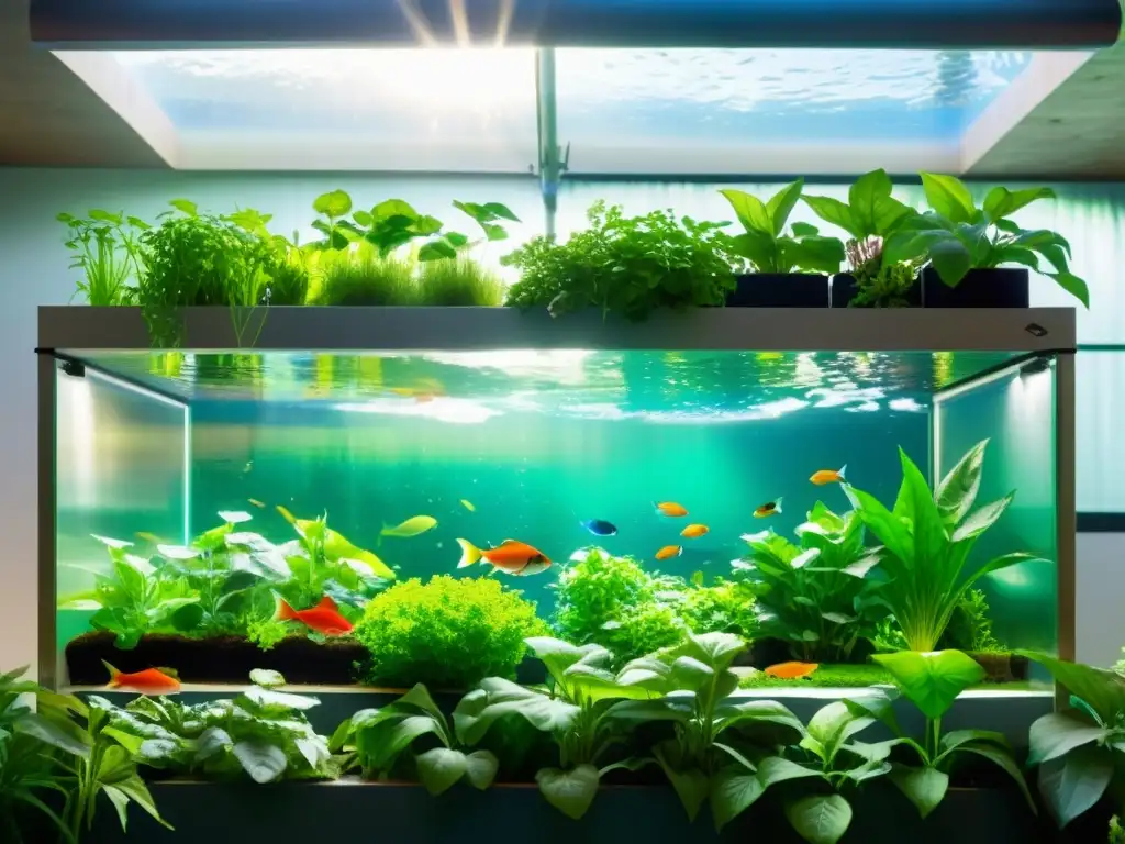 Diversificación biológica en acuaponía urbana: plantas exuberantes y peces coloridos conviven en armonía en un sistema acuapónico urbano vibrante