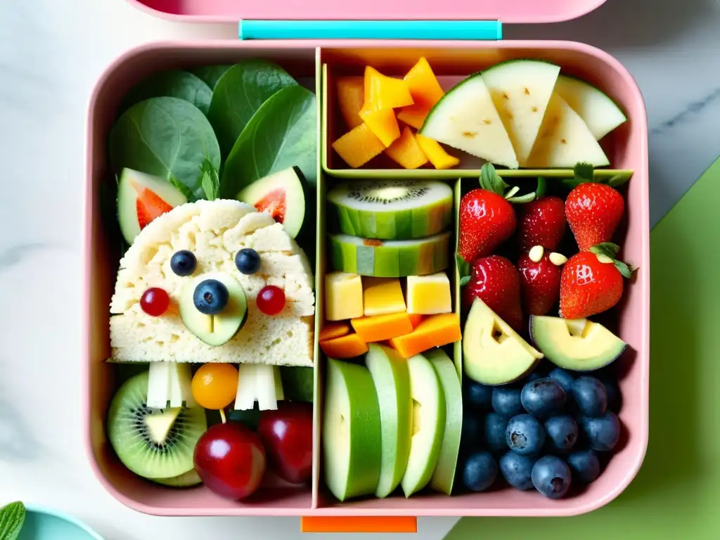 Bocadillos saludables para niños: una colorida y creativa caja bento con snacks variados y artísticamente presentados