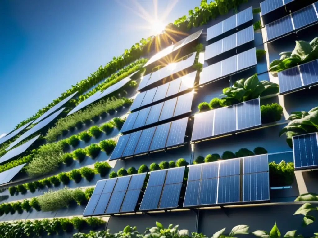 Solar farm vertical: innovación sostenible y belleza natural Bombeo solar para huertos verticales: una granja solar vertical moderna y elegante con paneles relucientes y vegetación vibrante