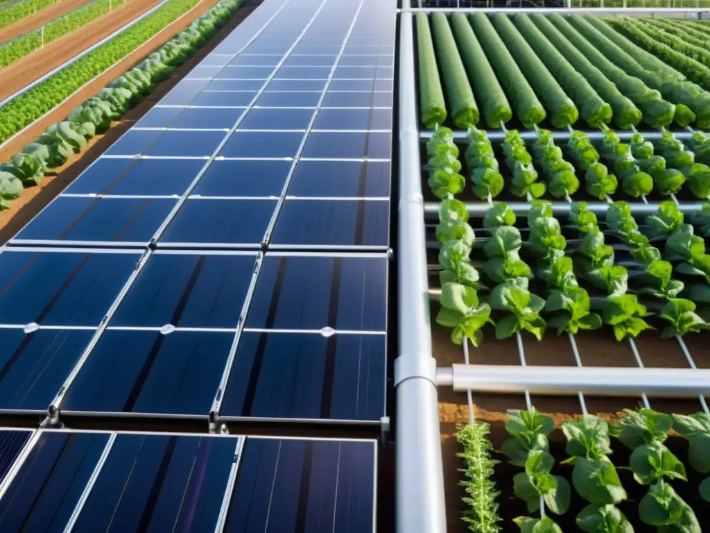 Granja vertical solar: tecnología innovadora y verde exuberante Bombeo solar para huertos verticales: Imagen detallada de una granja vertical moderna con paneles solares y sistema de riego sofisticado