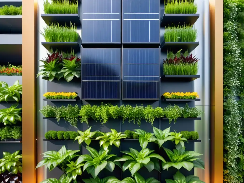 Jardín vertical moderno con paneles solares integrados Bombeo solar para huertos verticales: moderna pared verde con paneles solares integrados, simbolizando la eficiencia y belleza de la irrigación solar
