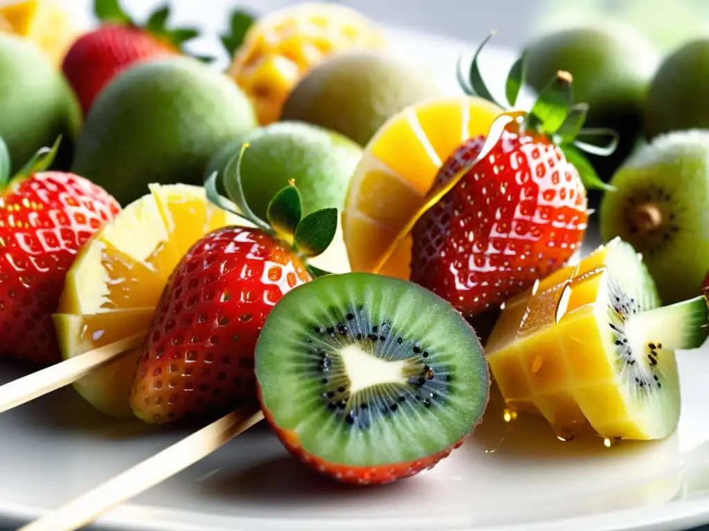 Brochetas de frutas frescas bañadas en miel de abeja, bocadillos saludables para niños