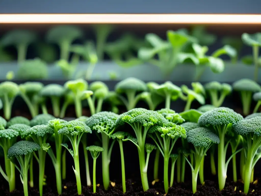 Brotes de brócoli frescos creciendo en huerto vertical, resaltando la frescura y beneficios de la vida sustentable