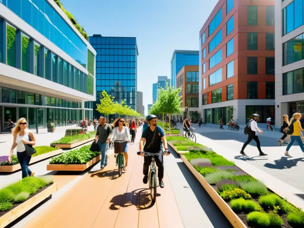 Una bulliciosa calle urbana llena de vida, rodeada de edificios sostenibles con techos verdes y paneles solares