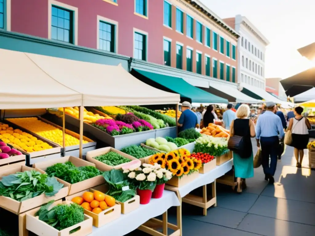 Una bulliciosa feria urbana llena de vida con productos frescos, flores coloridas y bienes artesanales