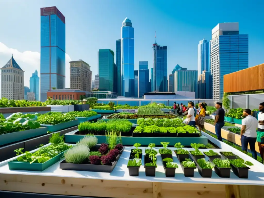 Un bullicioso jardín en la azotea urbana con programas educativos de agricultura urbana, integrando naturaleza y vida urbana