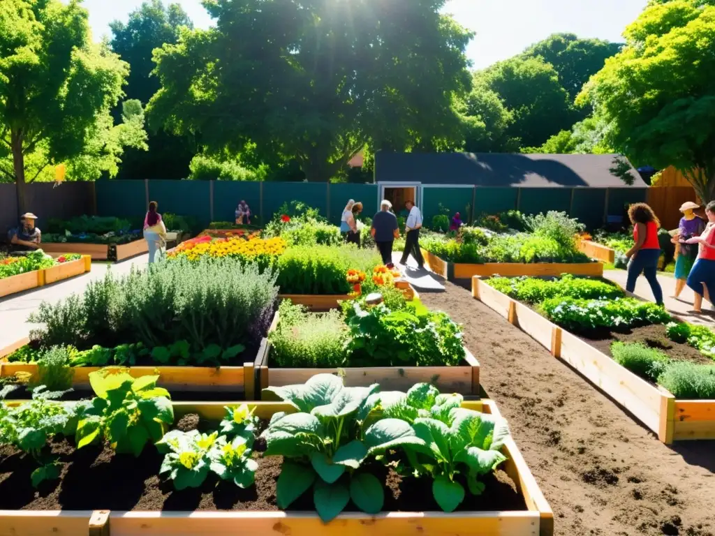 Un bullicioso huerto urbano con diversidad de plantas y personas disfrutando de la naturaleza, mostrando los beneficios huertos urbanos salud mental