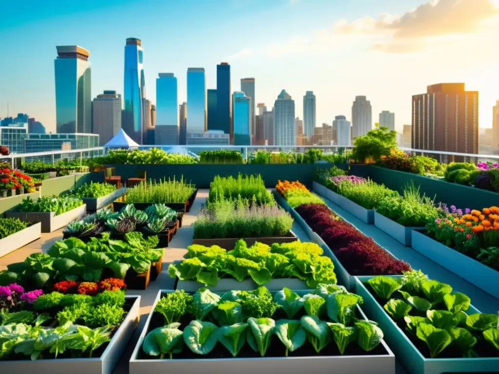 Un bullicioso huerto urbano lleno de vegetales verdes y flores coloridas, rodeado de rascacielos modernos