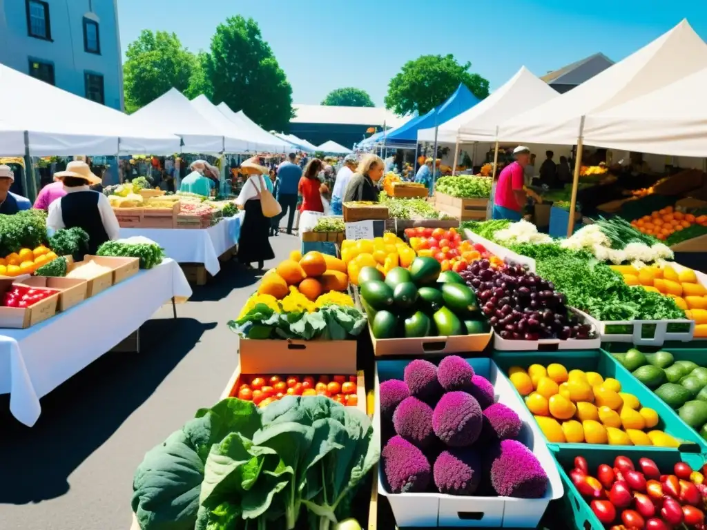 Un bullicioso mercado de agricultores repleto de frutas, verduras y flores coloridas