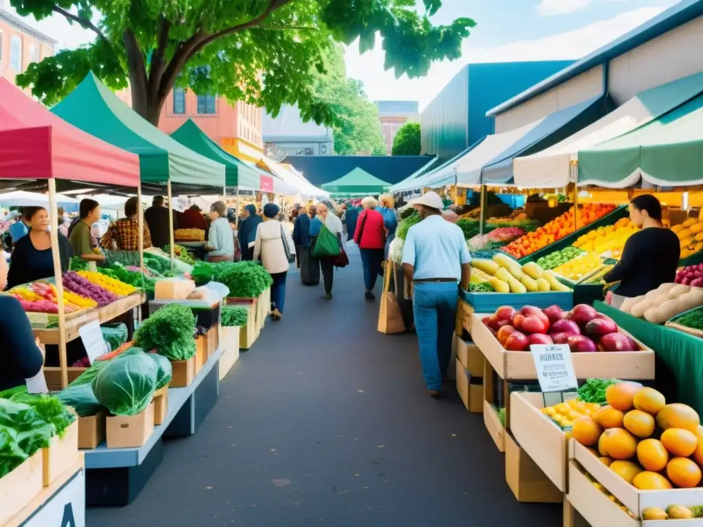 Un bullicioso mercado de agricultura urbana orgánica con puestos coloridos rebosantes de productos frescos