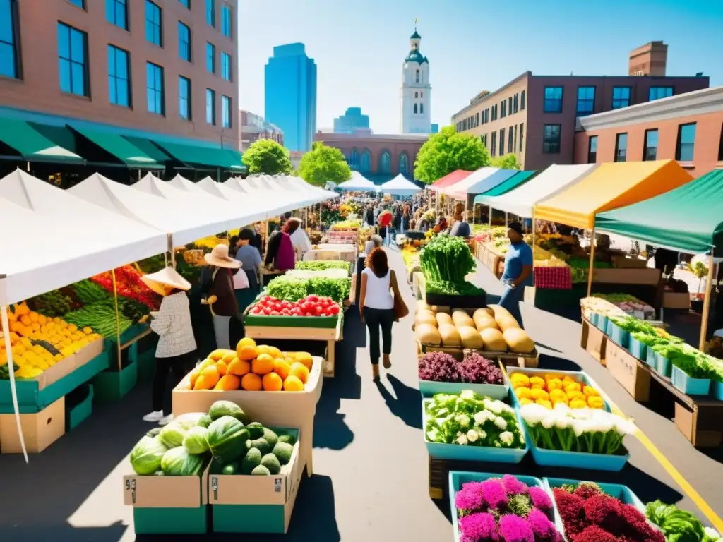 Un bullicioso mercado de agricultura urbana con diversidad de vendedores y clientes, creando una atmósfera vibrante y acogedora