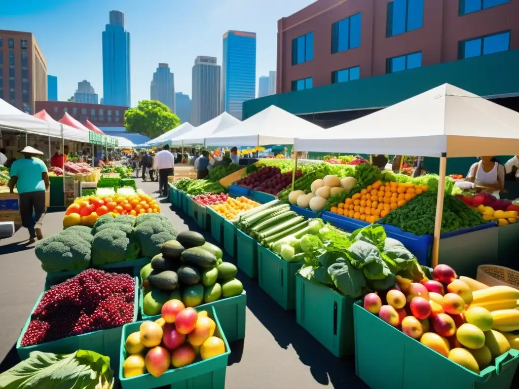 Un bullicioso mercado urbano con frutas y verduras coloridas y antioxidantes