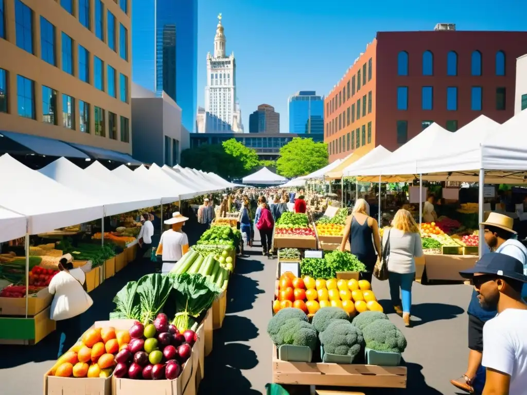 Un bullicioso mercado urbano lleno de puestos vibrantes y coloridos rebosantes de productos orgánicos frescos cultivados localmente