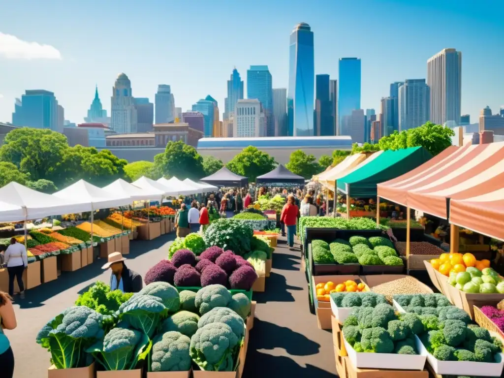 Un bullicioso mercado urbano rebosante de vida, color y alimentos saludables como kale, chía y quinoa