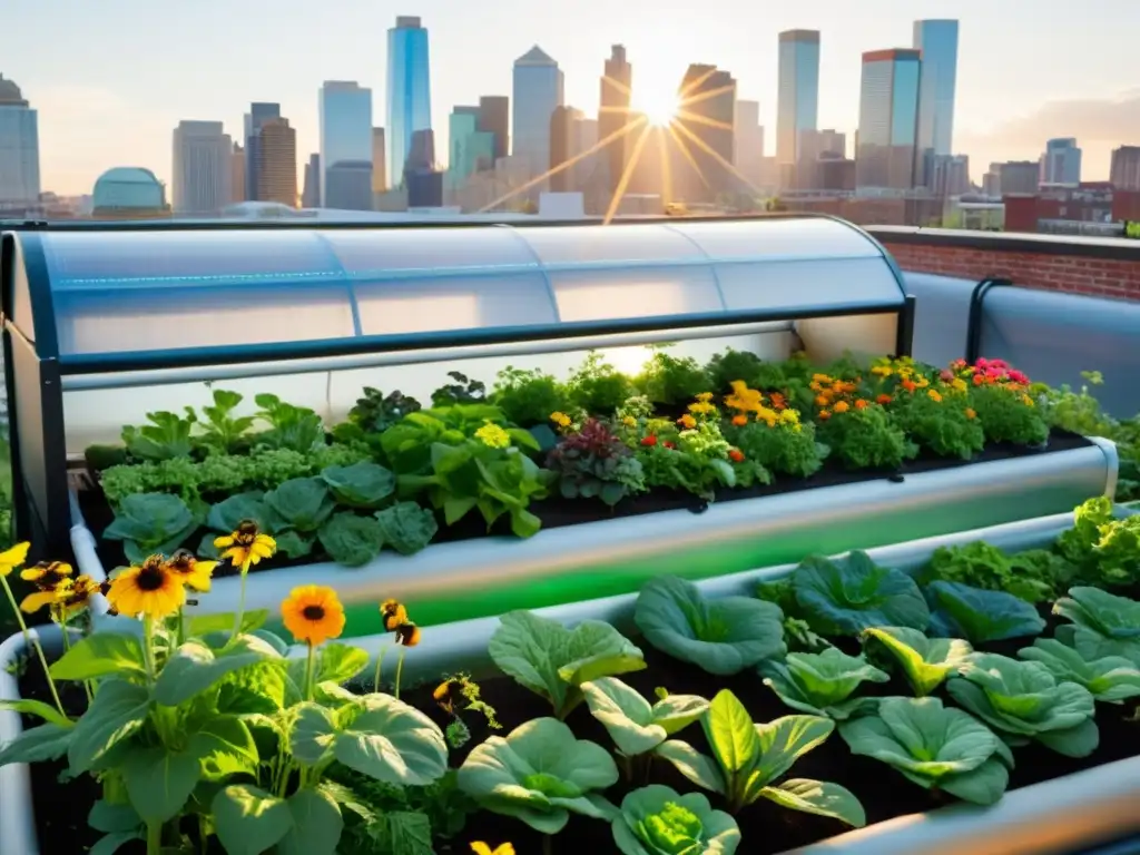 Un bullicioso jardín urbano en la azotea con sistema de acuaponía de vanguardia, mostrando la armonía entre la vida urbana sostenible y la agricultura