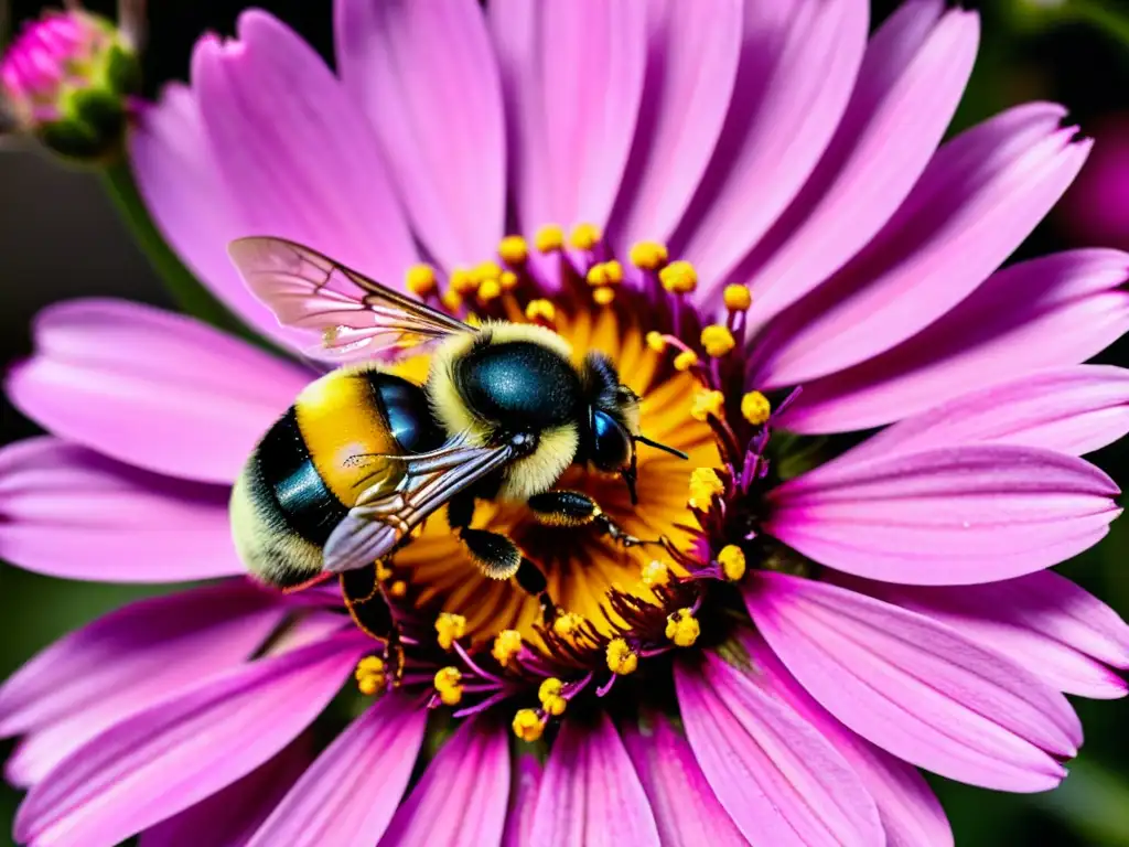 Un bumblebee cubierto de vibrante polen amarillo se posa sobre una flor cosmos rosa