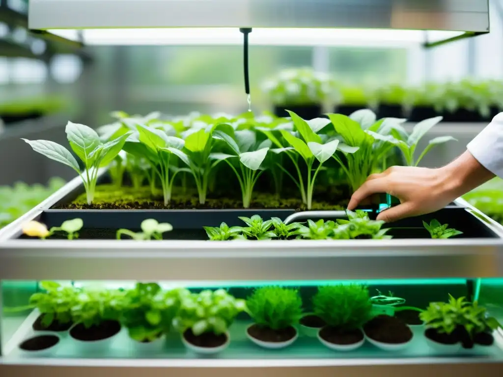 Calibración de sensores en un sistema acuapónico de alta tecnología, rodeado de plantas exuberantes y agua cristalina