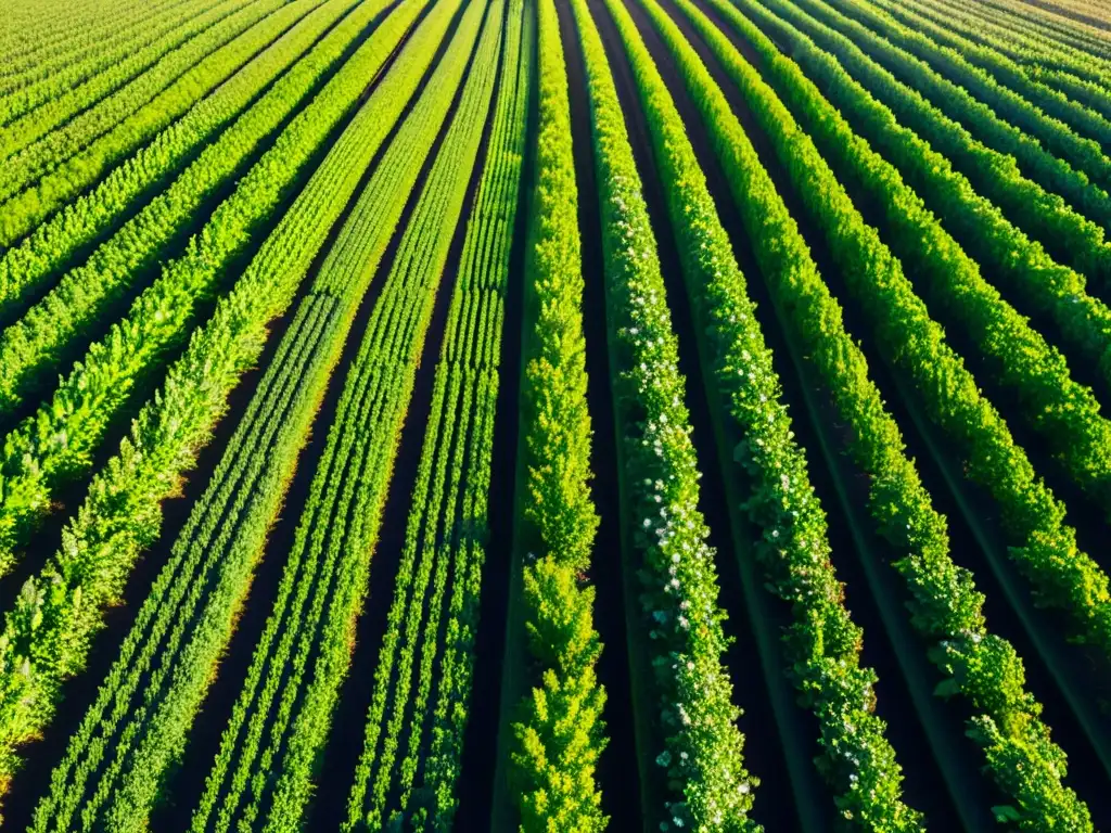 Un campo de cultivo saludable y vibrante con filas de plantas verdes exuberantes que se extienden hacia el horizonte