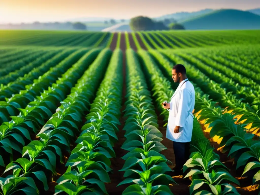 Campo de cultivos verdes con riego eficiente para cultivos saludables, equipo científico examina la resistencia a enfermedades al atardecer