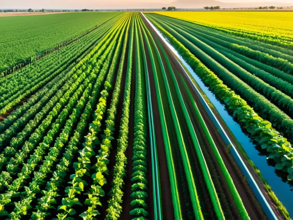 Un campo agrícola exuberante se extiende hacia el horizonte, con cultivos vibrantes y saludables