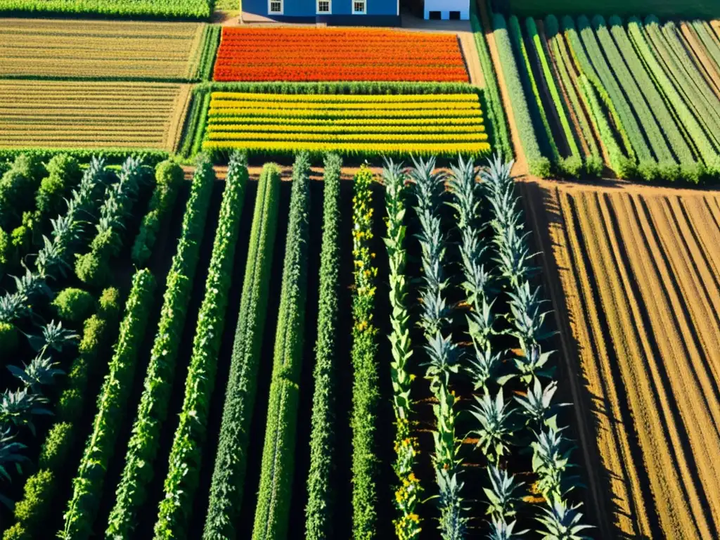 Un campo exuberante y vibrante con cultivos variados en patrones llamativos