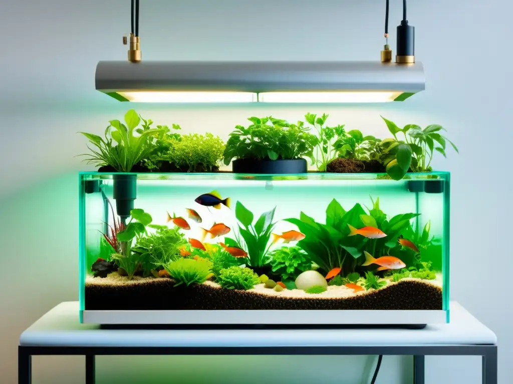 Capacidad de carga sistema acuaponía: Sistema acuapónico moderno con plantas exuberantes y peces coloridos nadando en lechos de agua, organizado con tuberías metálicas y tanques