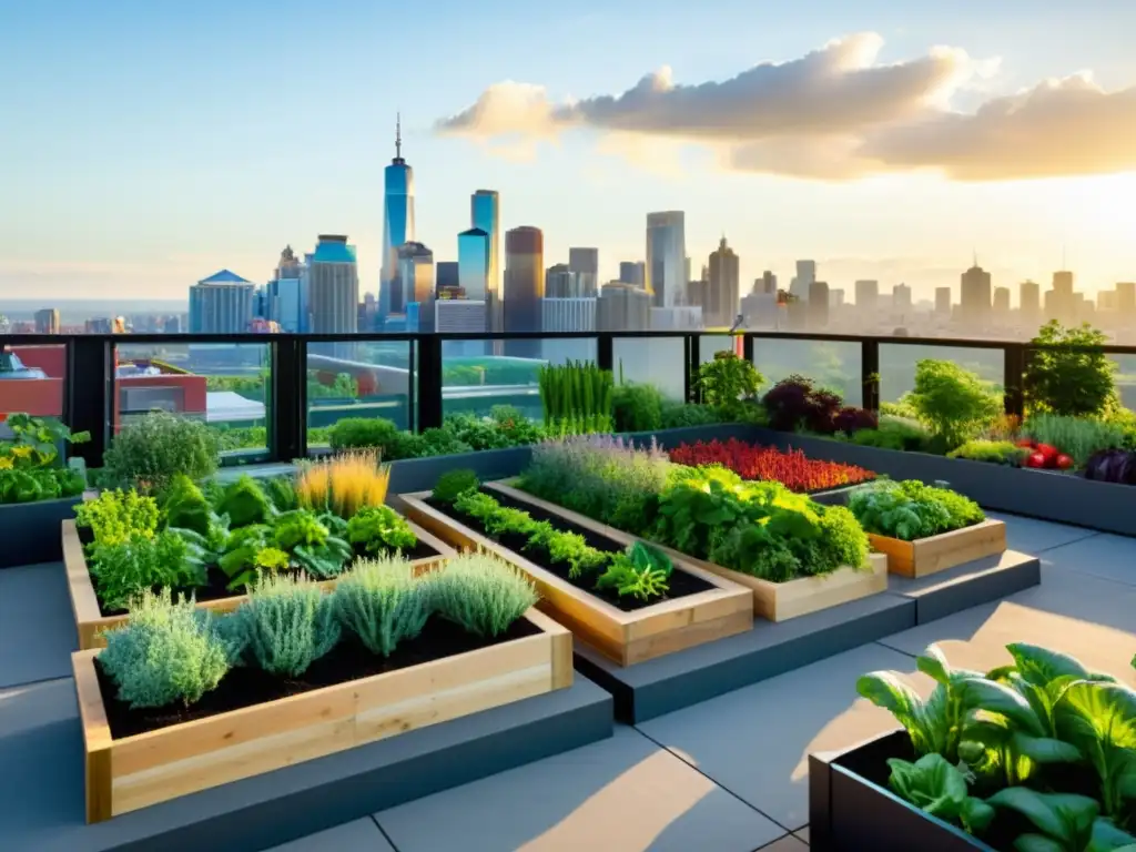 Captura de leads en agricultura urbana: un jardín urbano vibrante con plantas exuberantes y hortalizas coloridas, y el horizonte de la ciudad de fondo