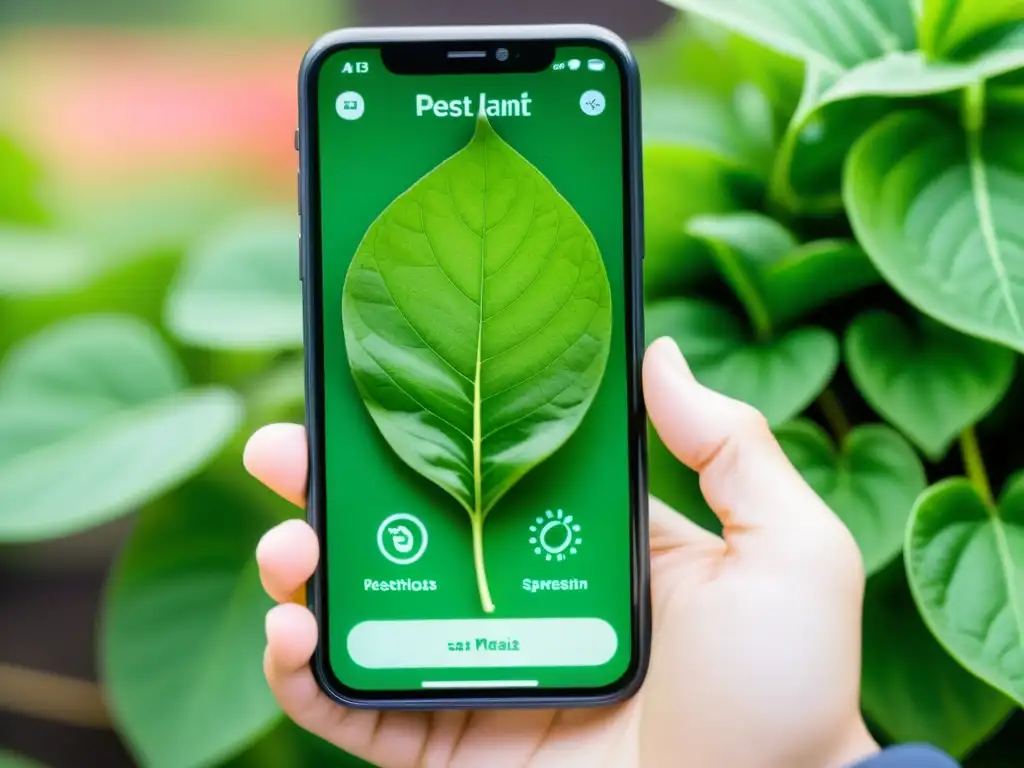 Captura de pantalla de smartphone mostrando app de diagnóstico de plagas en hoja de planta con infestación, en un huerto urbano