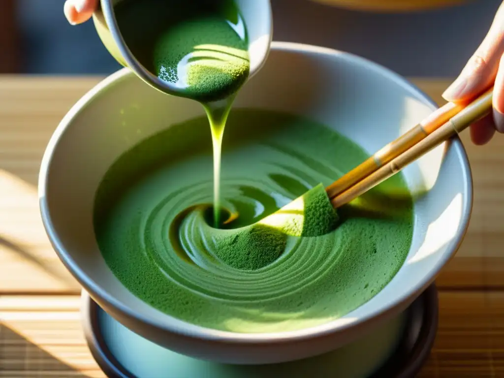 Preparando té matcha en casa: mano mezclando polvo verde vibrante en un bol de cerámica con un batidor de bambú, en medio de la luz solar