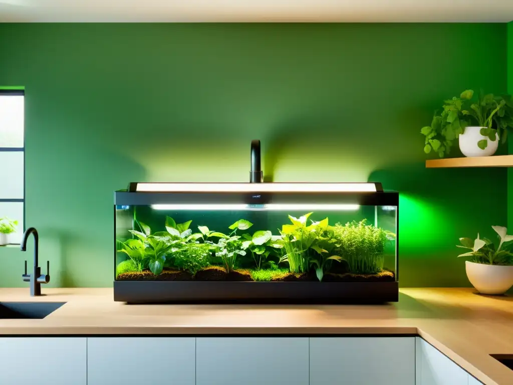 Una acuaponía casera paso a paso integrada en una cocina contemporánea, con tanques transparentes, vegetación exuberante y luces LED