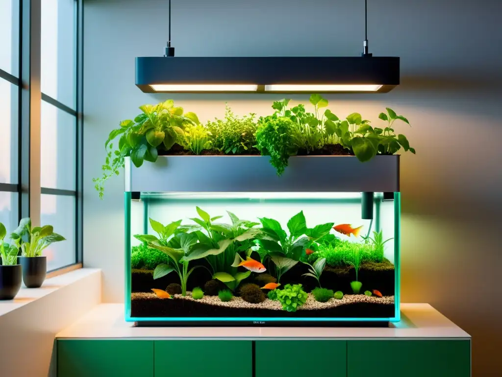 Una acuaponía casera paso a paso integrada en un elegante apartamento urbano, con plantas verdes y peces coloridos en tanques transparentes