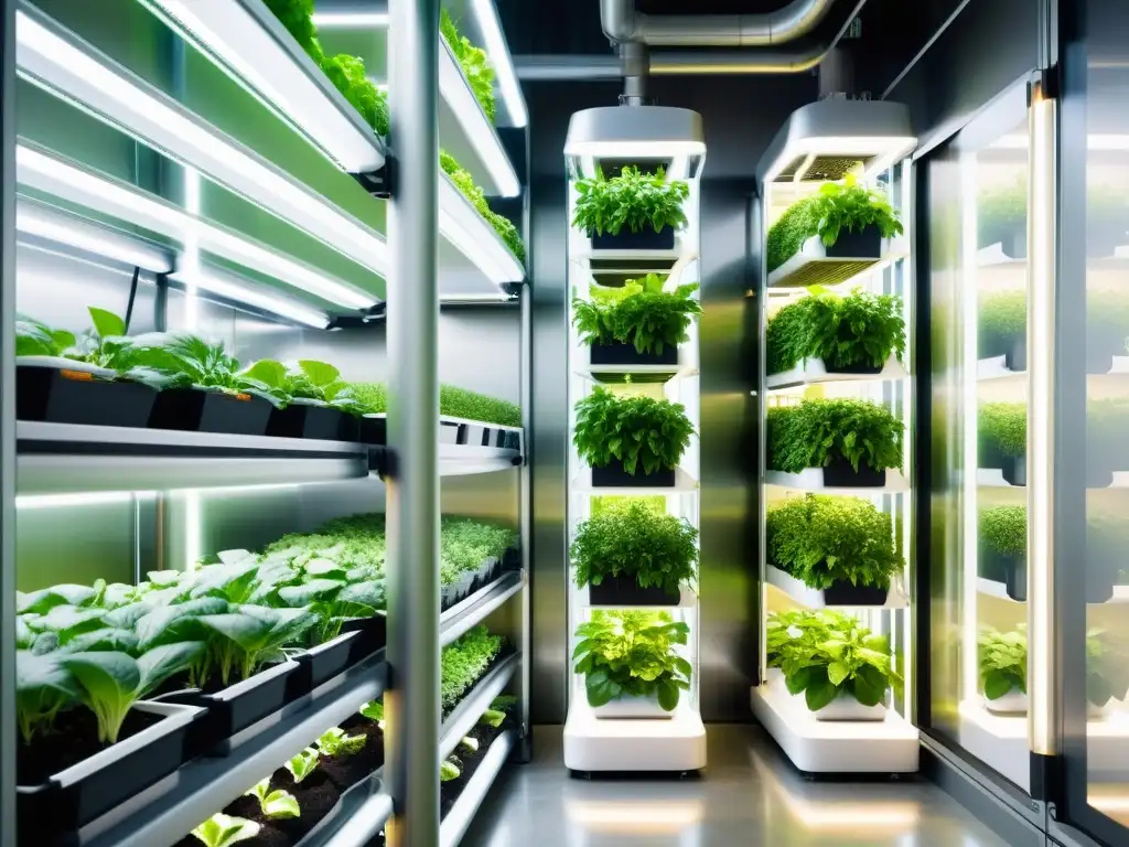 Catálogo para agricultura vertical urbana: una moderna instalación de cultivo vertical en un entorno controlado, con exuberantes plantas verdes