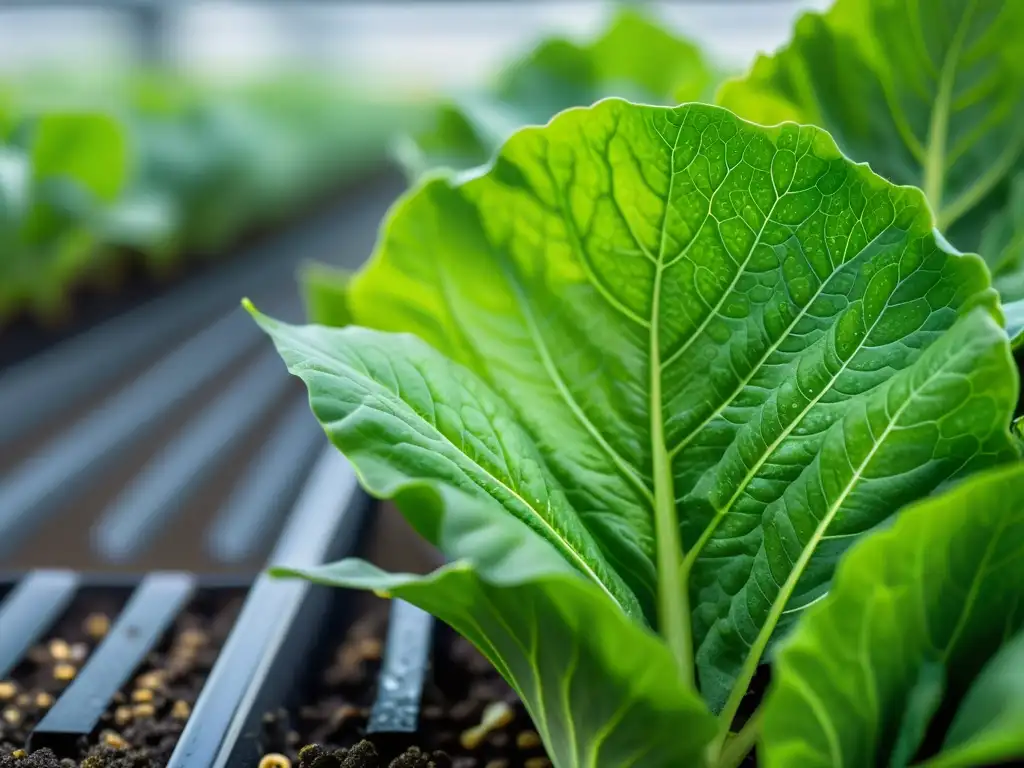 Catálogo para agricultura vertical urbana: Detalle vibrante de una hoja de lechuga verde con gotas de agua en un sistema de cultivo urbano