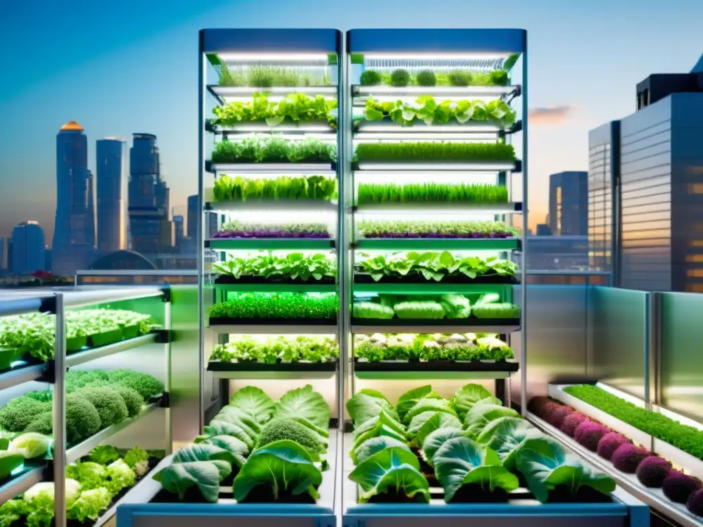 Catálogo para agricultura vertical urbana: Imagen vibrante de granja vertical moderna en la ciudad, con vegetales y hierbas verdes bajo suave iluminación LED