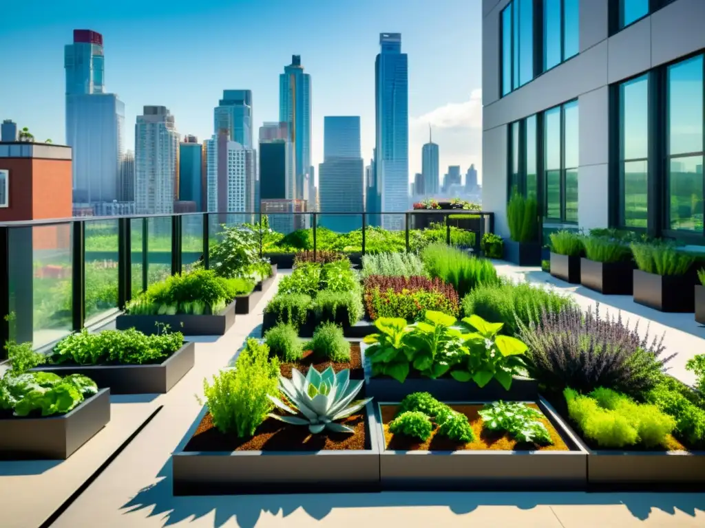 Una cautivadora captura de leads en agricultura urbana, un jardín urbano vibrante rodeado de moderna arquitectura y vegetación exuberante