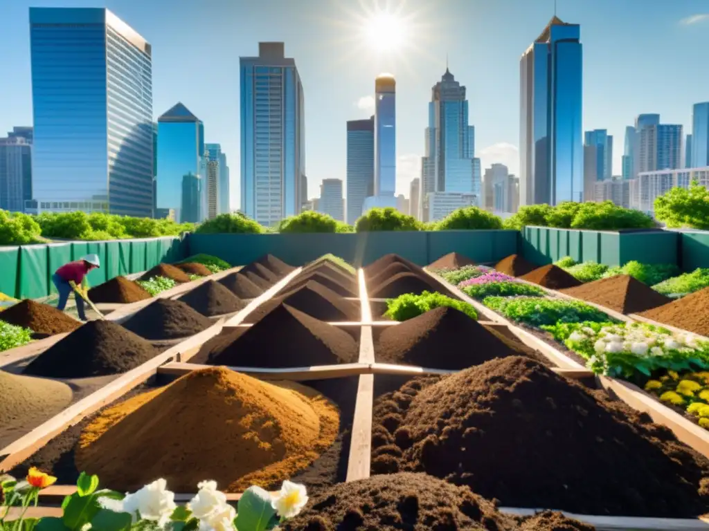 Un centro de compostaje urbano bullicioso, con hileras de montones de compost ordenados, rodeado de exuberante vegetación y flores florecientes